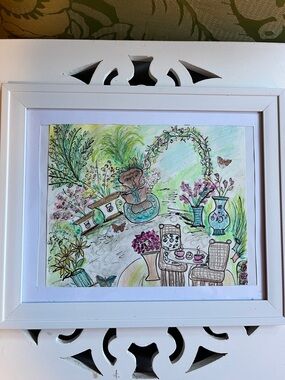 Garden Tea Party look framed drawing handrawn art by me in Teal ,Pink& white